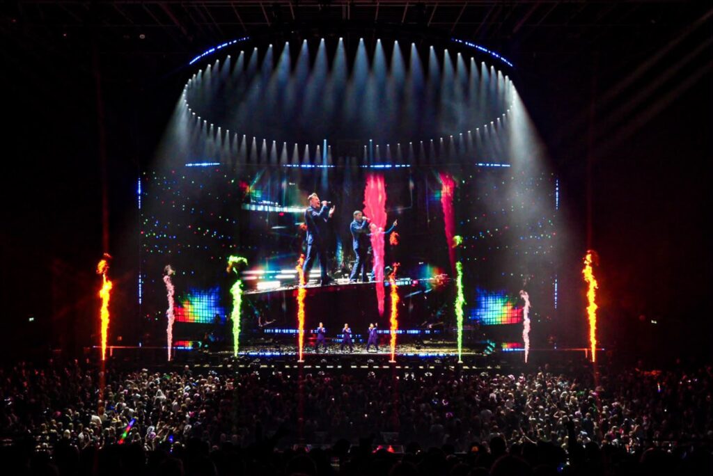 Flames in the colours of the Irish flag, at Westlife's show at the 3Arena, Dublin, September 2026